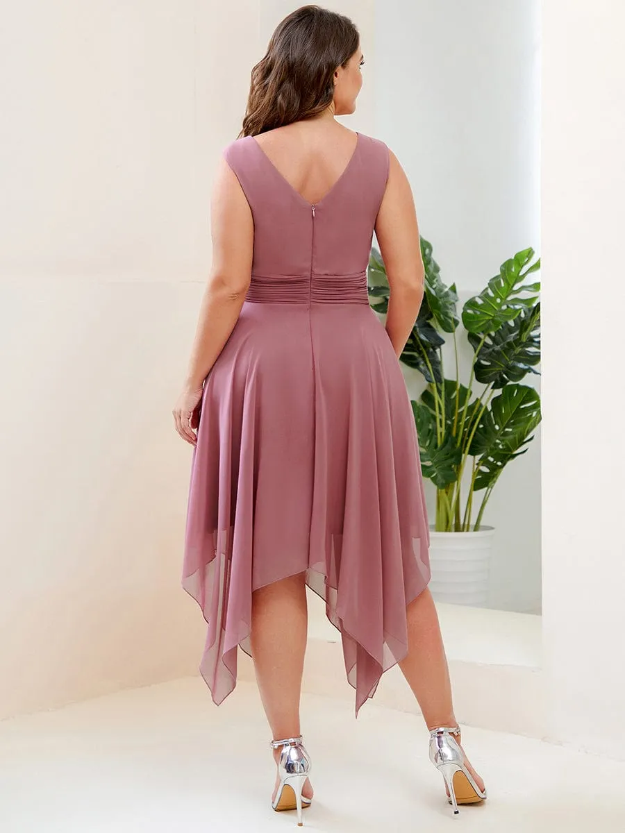 V Neck Ruched Asymmetrical Hems Midi Chiffon Bridesmaid Dress