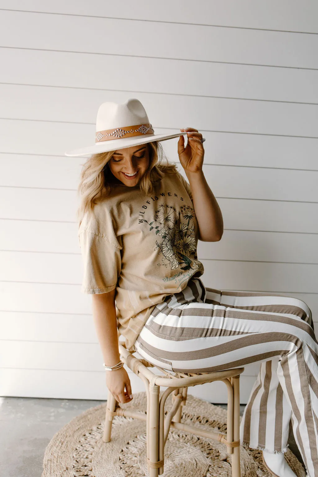 Wide Brim Hat w/ Beaded Belt {Brown, Ivory & Mauve}