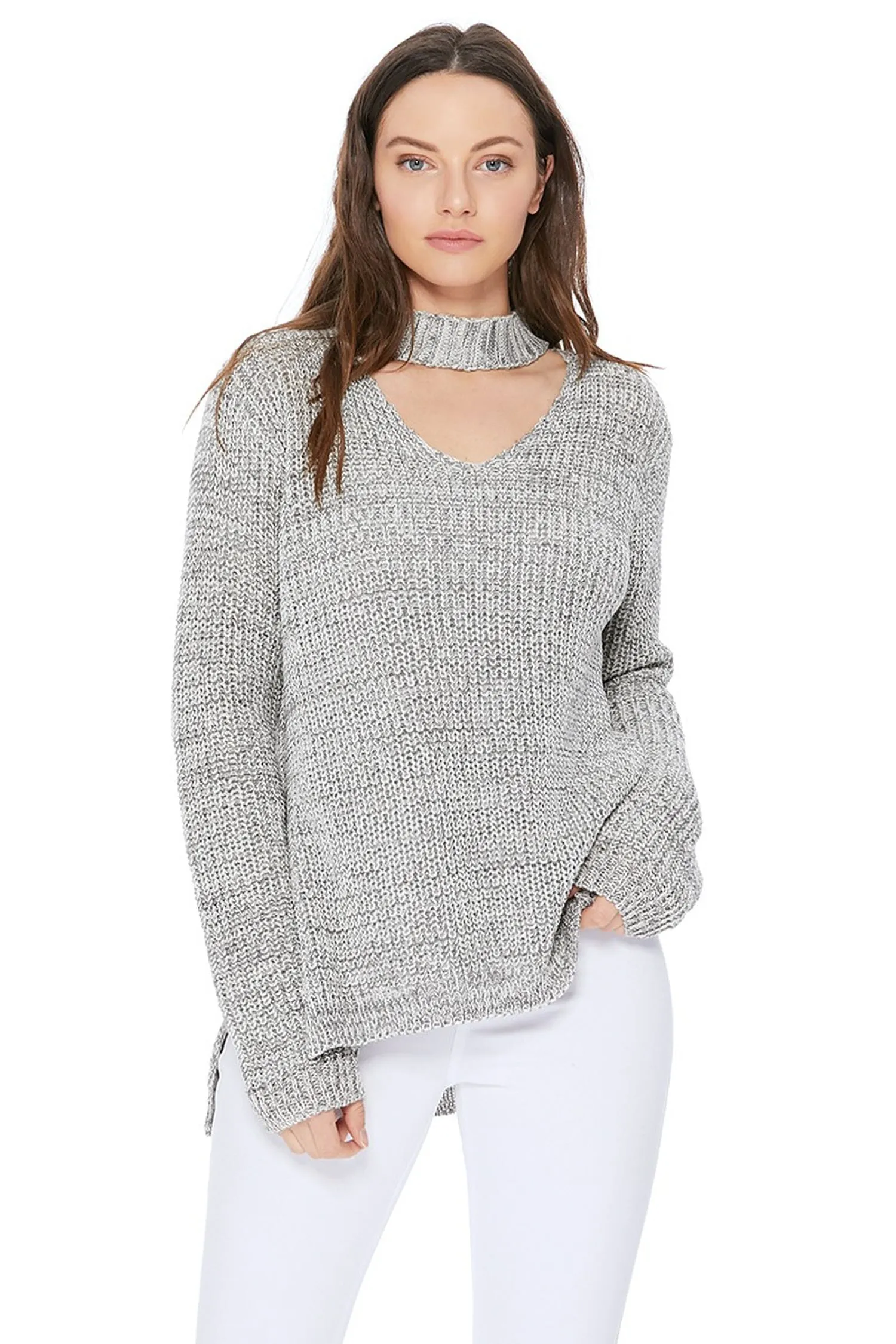 YEMAK Women's V-Neck Choker Style Side Slit Casual Knit Pullover Sweater MK8143