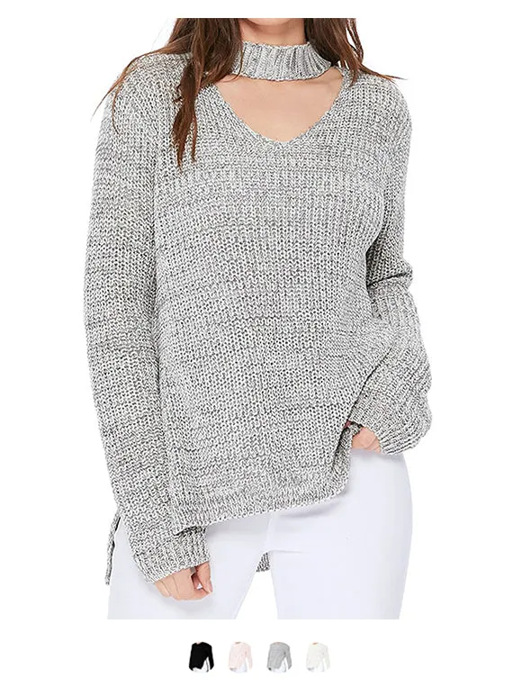 YEMAK Women's V-Neck Choker Style Side Slit Casual Knit Pullover Sweater MK8143